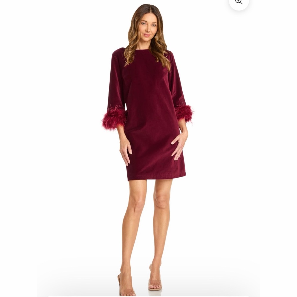 Trish Scully Burgundy Velvet Shift Dress with Ostrich Feather Cuffs